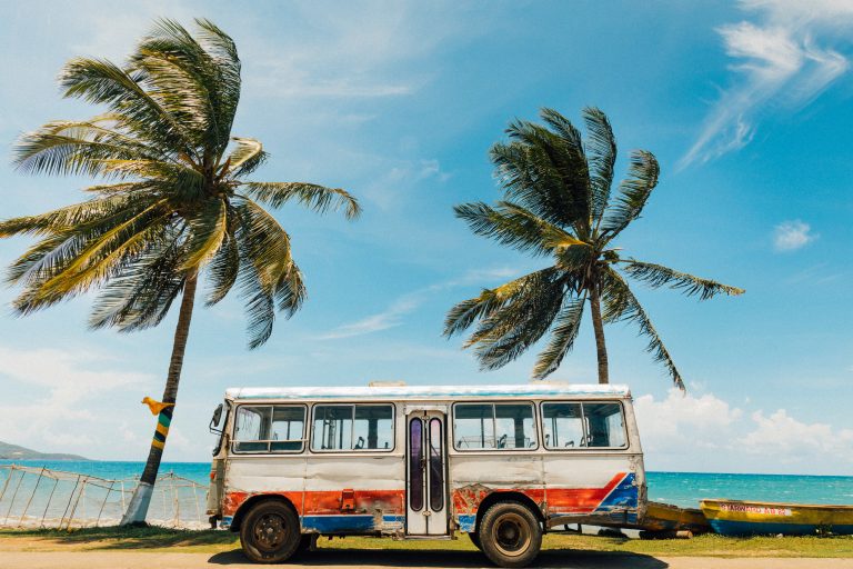 Kleinbus mit Palmen und Meer im Hintergrund